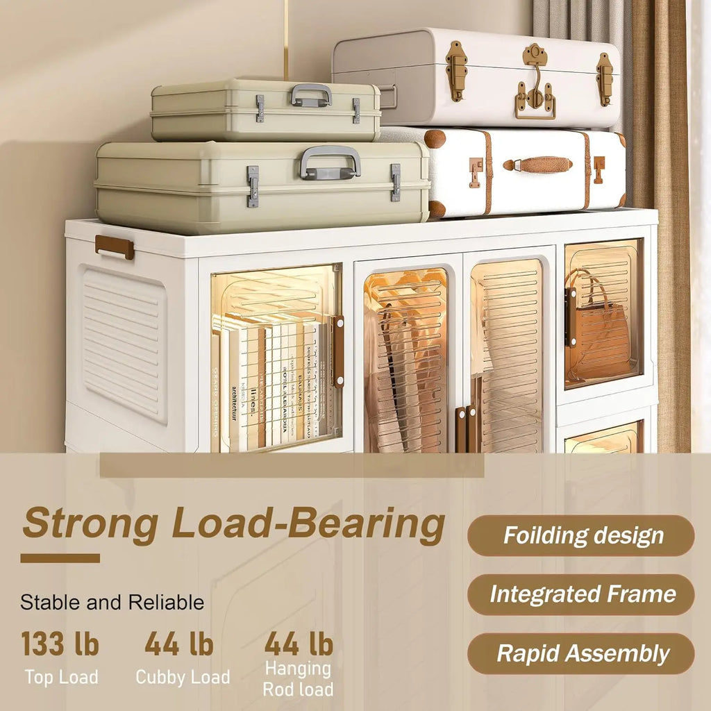 Portable Wardrobe Closet Storage Organizer 12 Magnetic Doors 12 Cubes 2 Hanging Rods 16 Hangers Baby Clothes Cabinet,Customized