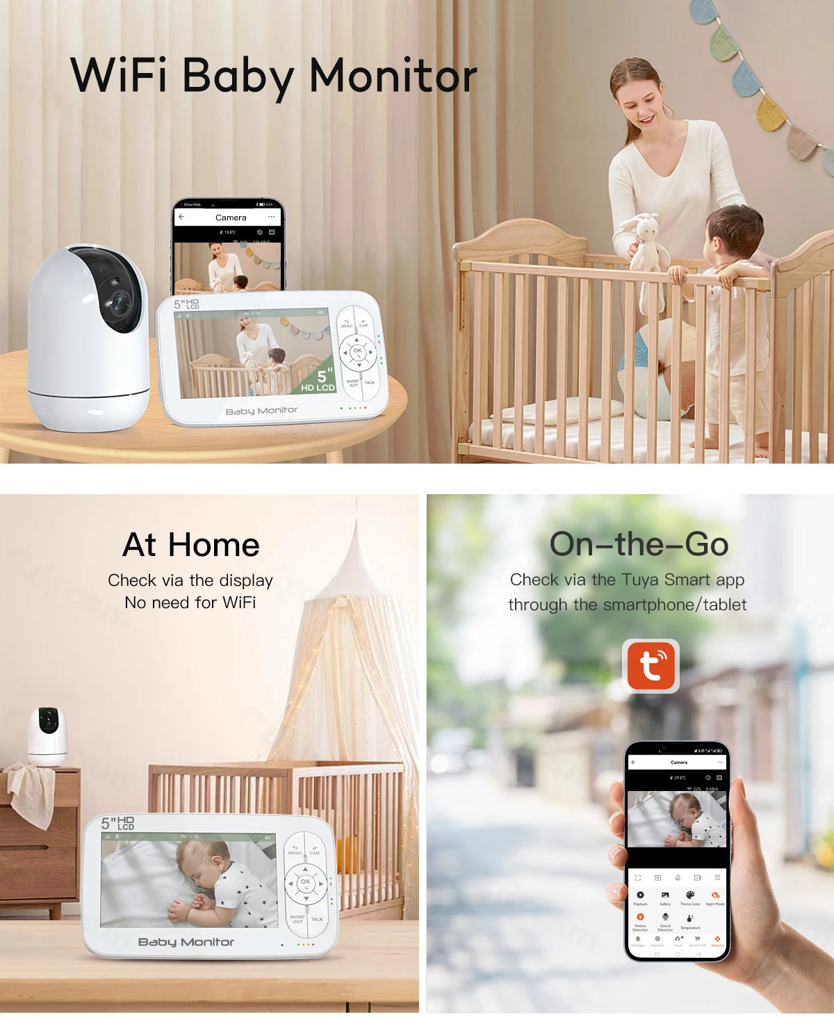 5" WiFi Baby Monitor 4x Zoom PTZ Cam Tuya APP+monitor Dual Control Electronic Baby Sitter Two Way Audio Night Vision Babyphone