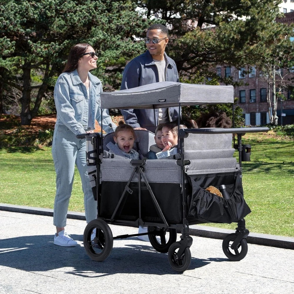 Furniture Accessories-Premium 4 Seater Stroller Wagon Convertible Seats Adjustable Push Pull Handles Removable Canopy Flat Fold