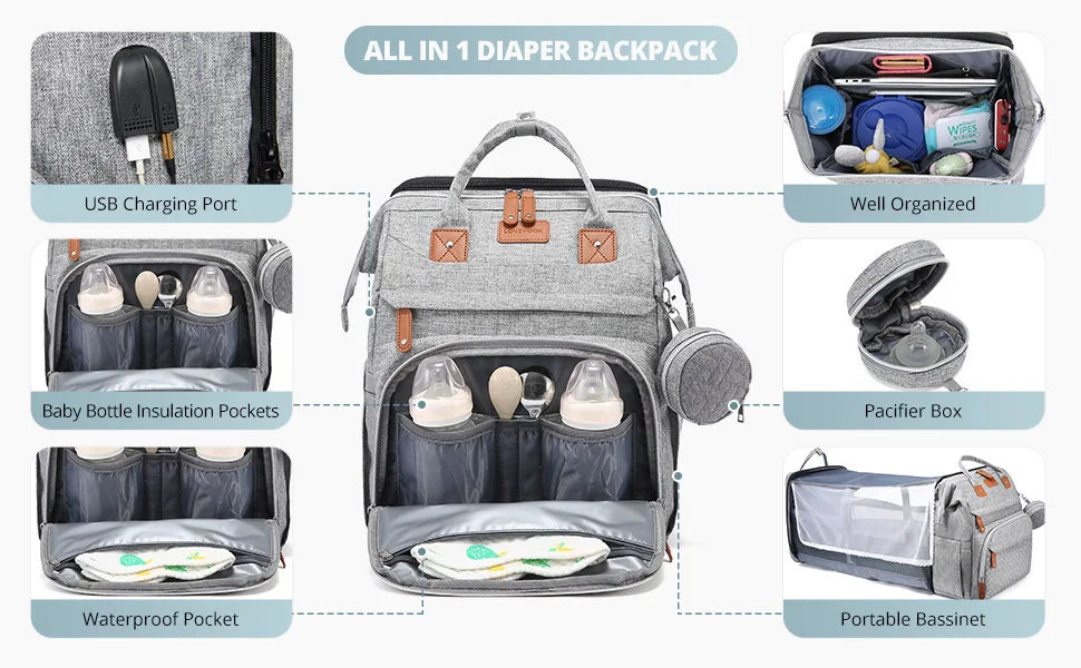Multifunctional Bed Diaper Backpack Baby Girl Boy Nappy Changing Bag Large Capacity Folding Crib Nursing Mommy Bag for Travel