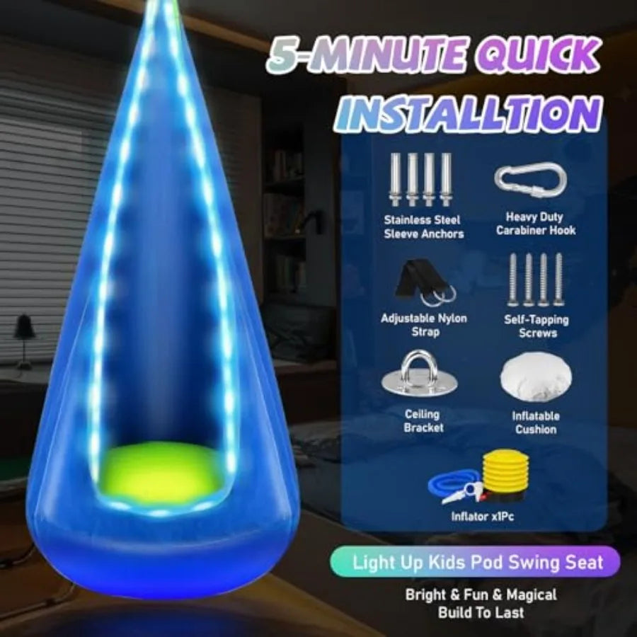 Light Up Pod Swing Seat Hanging Hammock Chair with LED Lights Upgraded Cotton Child Sensory Swing Seat Sensory Swing for Autist