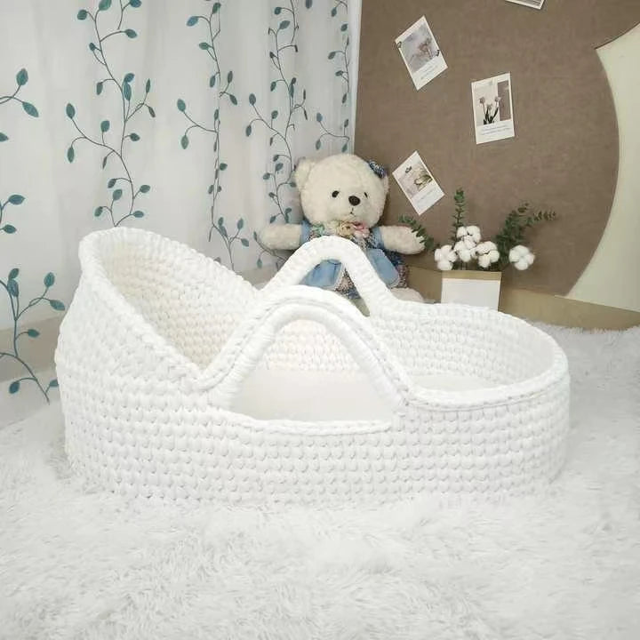 Newborn Baby Nest Lounger Cradle Crib with Wooden Frame Hand-Crocheted Bassinet Soft Mattress Portable Infant Sleeping Bed
