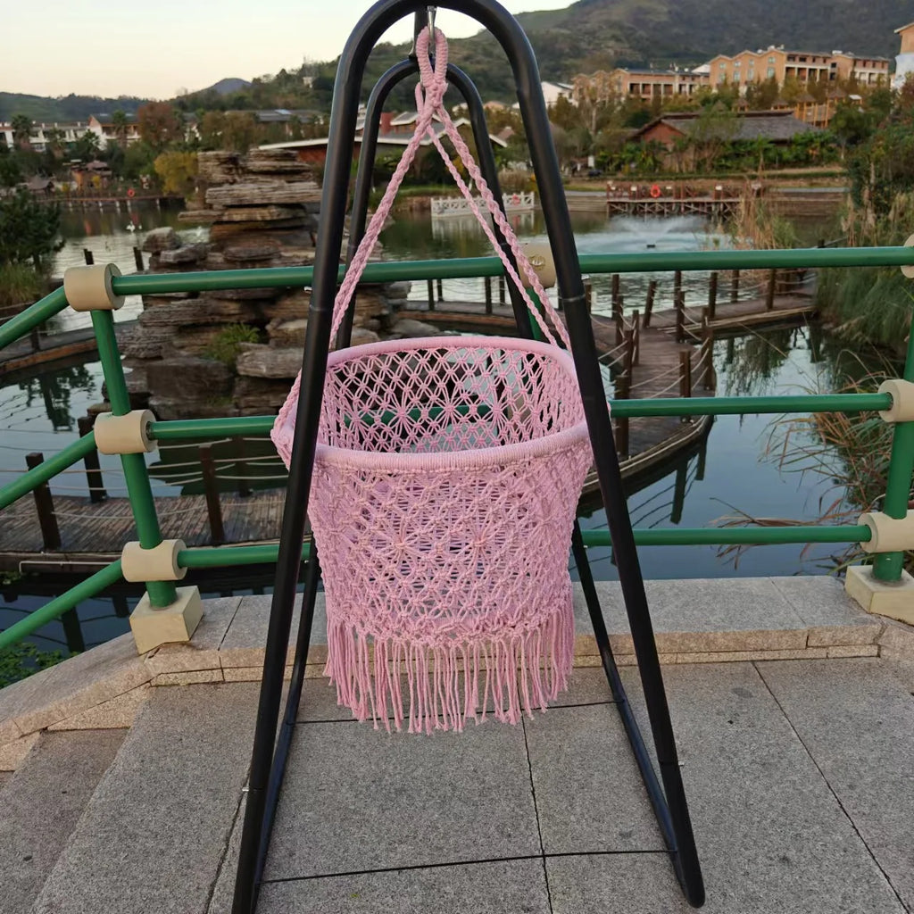 Nordic style hanging hammock baby cradle hand-woven products hollow mesh cotton rope baby fringed hammock manufacturer