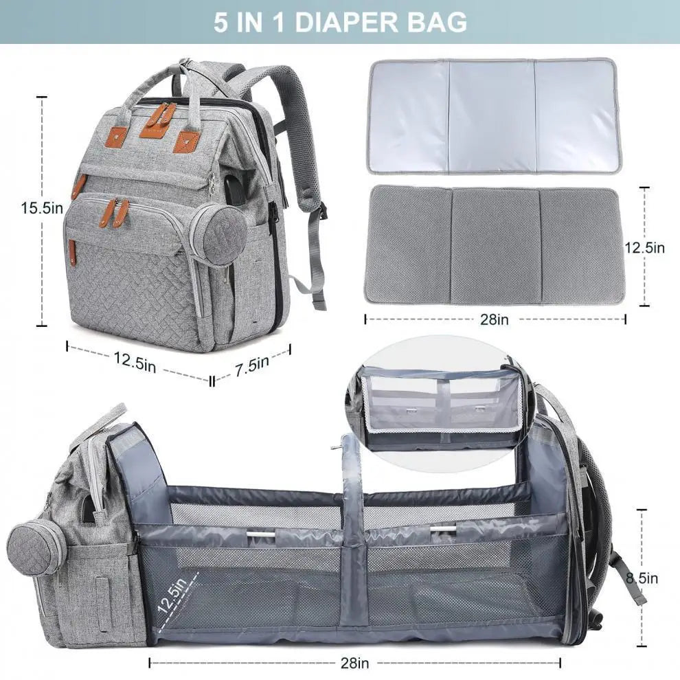 Multifunctional Bed Diaper Backpack Baby Girl Boy Nappy Changing Bag Large Capacity Folding Crib Nursing Mommy Bag for Travel