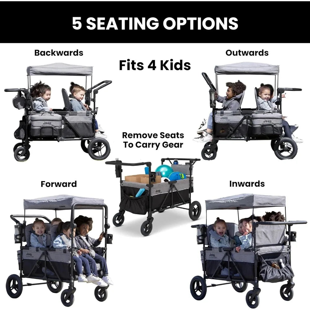 Furniture Accessories-Premium 4 Seater Stroller Wagon Convertible Seats Adjustable Push Pull Handles Removable Canopy Flat Fold