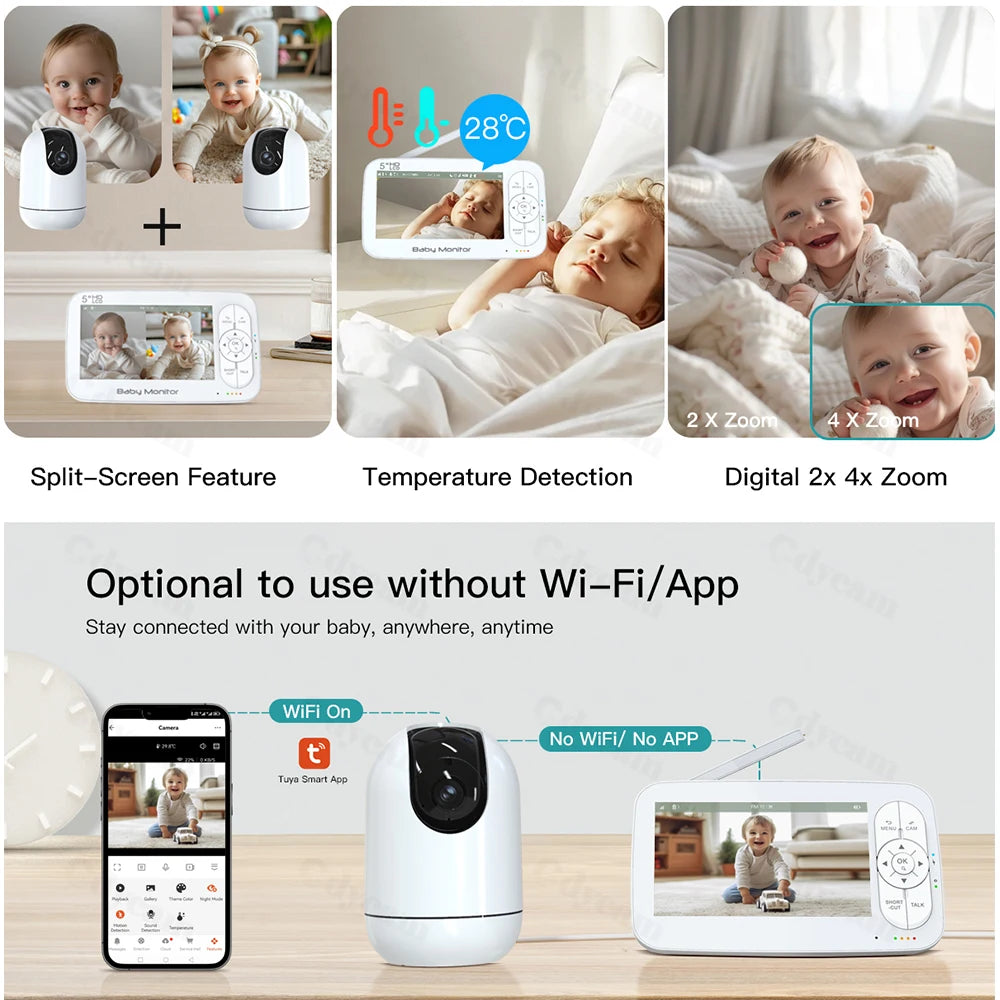 5" WiFi Baby Monitor 4x Zoom PTZ Cam Tuya APP+monitor Dual Control Electronic Baby Sitter Two Way Audio Night Vision Babyphone