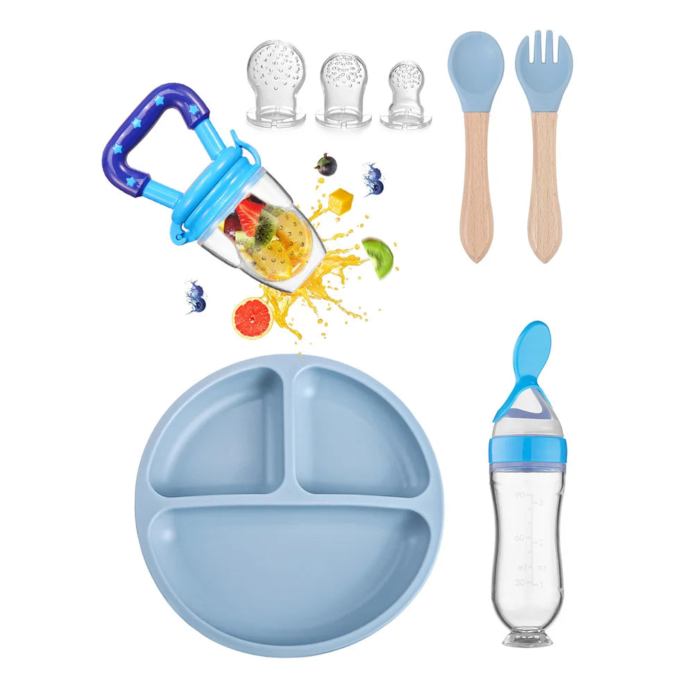 TYRY.HU Children's Tableware Set with Silicone Dining Plate Suction Wooden Handle Fork Spoon And Silicone Fruit Vegetable Bottle