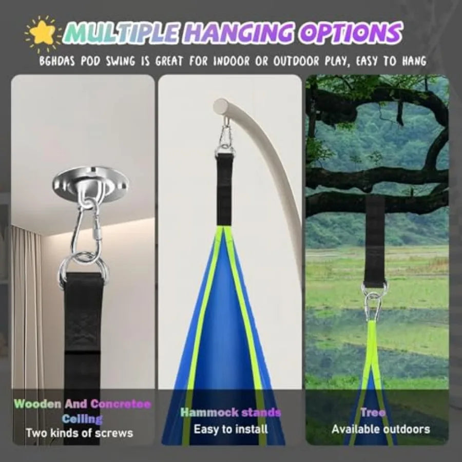 Light Up Pod Swing Seat Hanging Hammock Chair with LED Lights Upgraded Cotton Child Sensory Swing Seat Sensory Swing for Autist