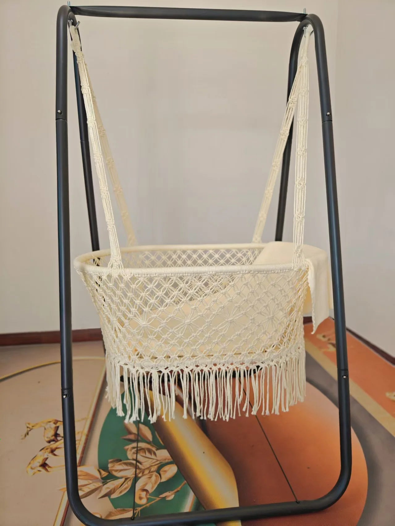 Nordic style hanging hammock baby cradle hand-woven products hollow mesh cotton rope baby fringed hammock manufacturer