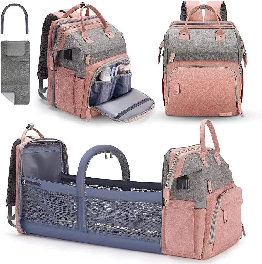 Multifunctional Bed Diaper Backpack Baby Girl Boy Nappy Changing Bag Large Capacity Folding Crib Nursing Mommy Bag for Travel