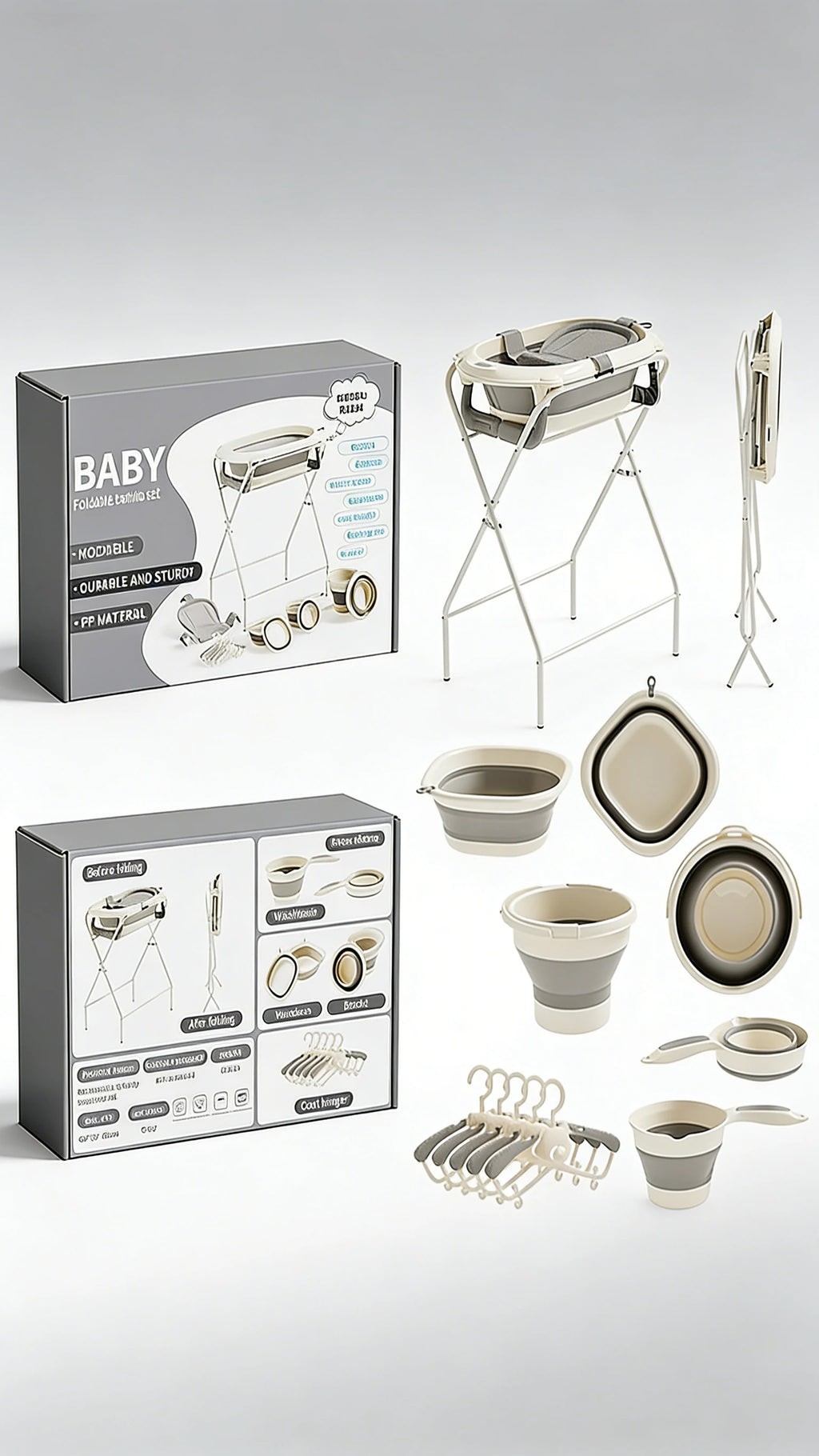 7-in-1 Baby Bath Tub Set with Temperature Display Folding Bathtub Non-Slip Stand Shower Table And Clothes Rack for Infants And