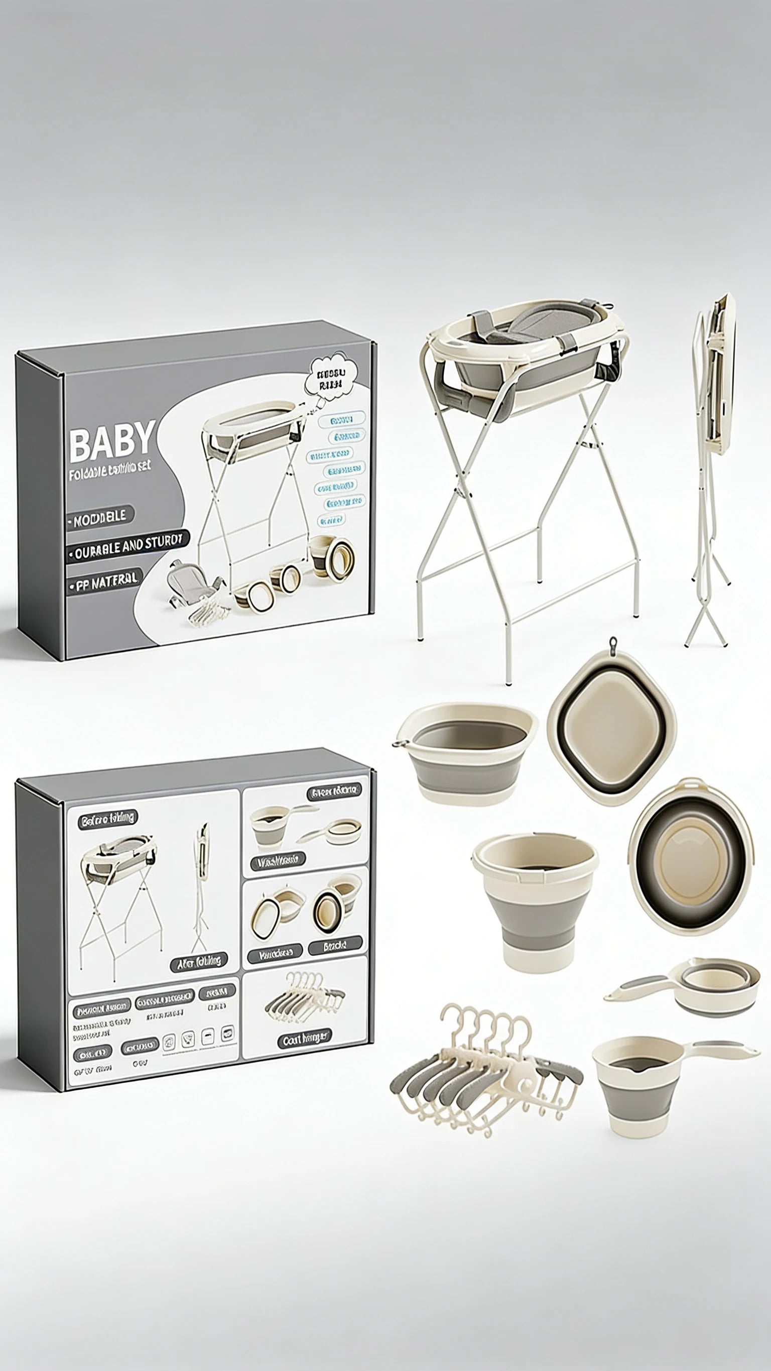 7-in-1 Baby Bath Tub Set with Temperature Display Folding Bathtub Non-Slip Stand Shower Table And Clothes Rack for Infants And