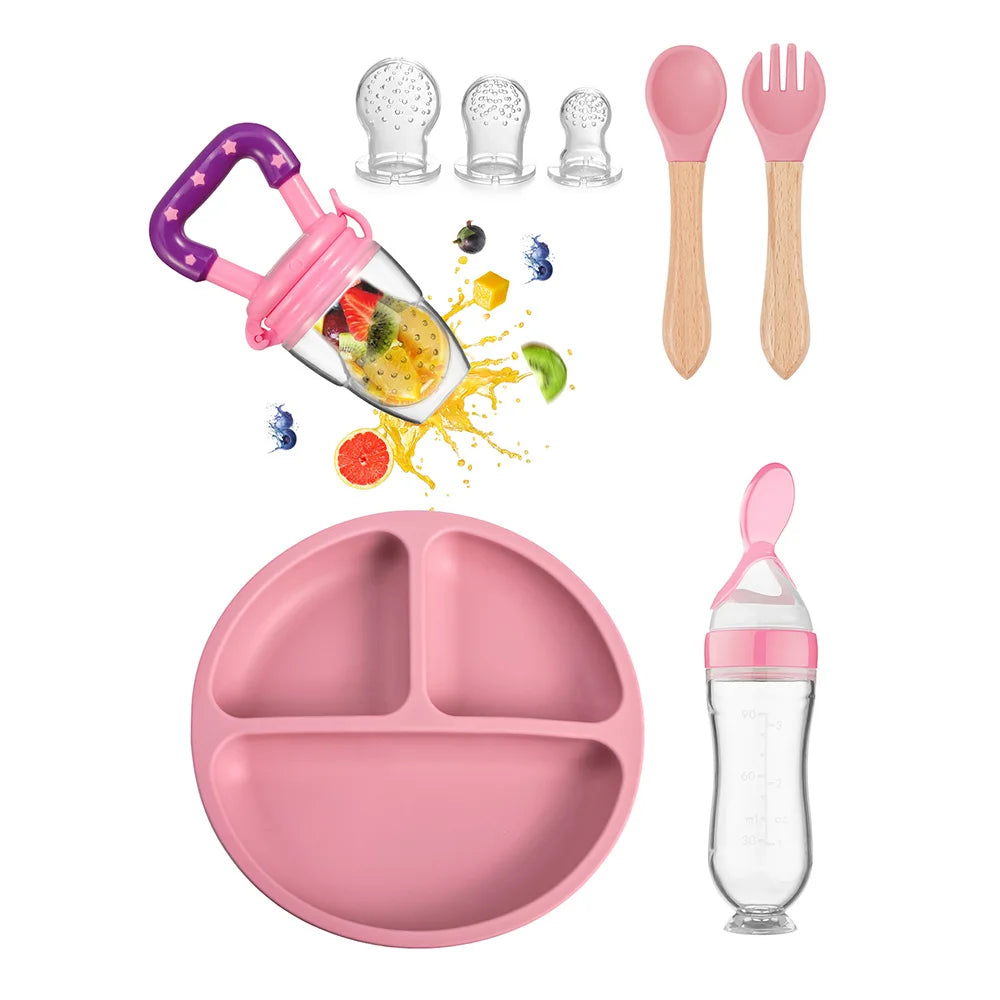 TYRY.HU Children's Tableware Set with Silicone Dining Plate Suction Wooden Handle Fork Spoon And Silicone Fruit Vegetable Bottle