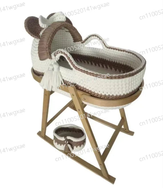 Newborn Baby Nest Lounger Cradle Crib with Wooden Frame Hand-Crocheted Bassinet Soft Mattress Portable Infant Sleeping Bed