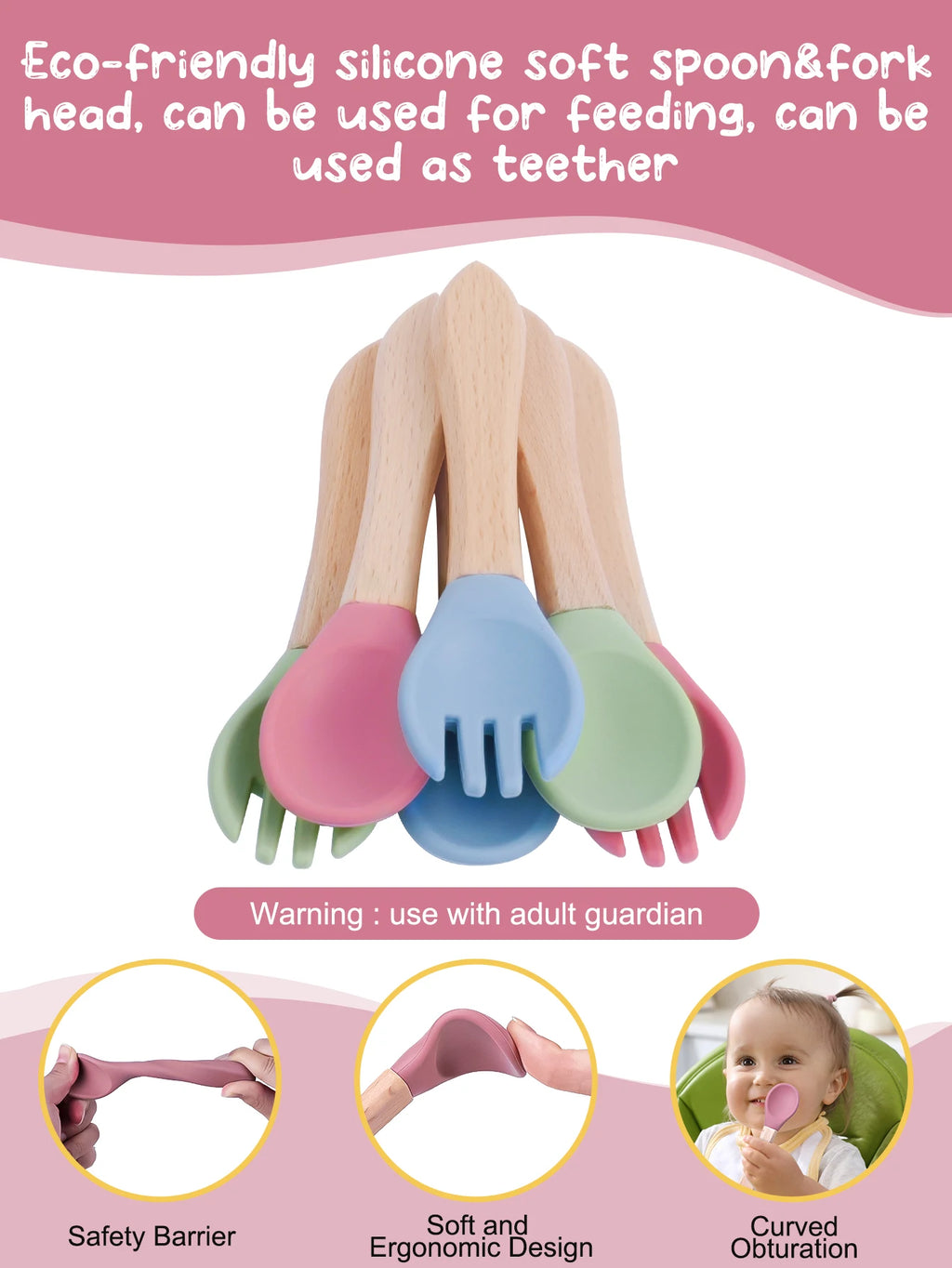 TYRY.HU Children's Tableware Set with Silicone Dining Plate Suction Wooden Handle Fork Spoon And Silicone Fruit Vegetable Bottle