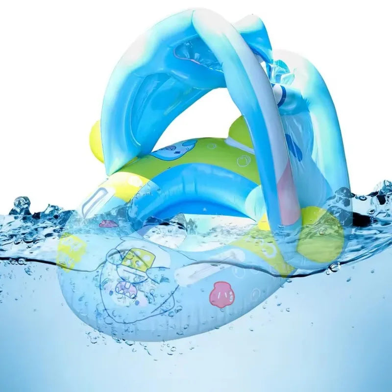 Cartoon Inflatable Toys Float Seat with Animal Printed Detachable Dual-purpose Shade Baby Water Toys Pool Bathroom Swimming Ring