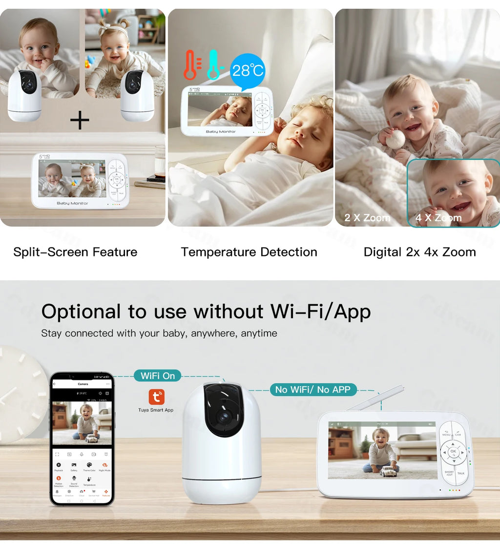 5" WiFi Baby Monitor 4x Zoom PTZ Cam Tuya APP+monitor Dual Control Electronic Baby Sitter Two Way Audio Night Vision Babyphone