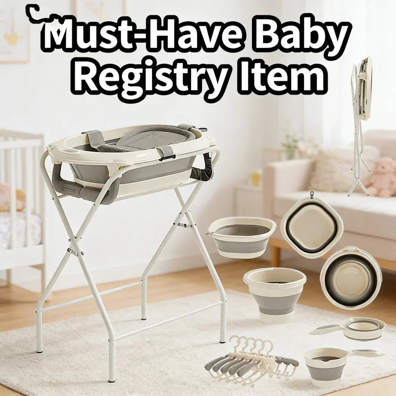 7-in-1 Baby Bath Tub Set with Temperature Display Folding Bathtub Non-Slip Stand Shower Table And Clothes Rack for Infants And