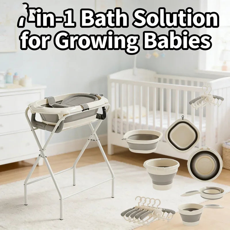 7-in-1 Baby Bath Tub Set with Temperature Display Folding Bathtub Non-Slip Stand Shower Table And Clothes Rack for Infants And