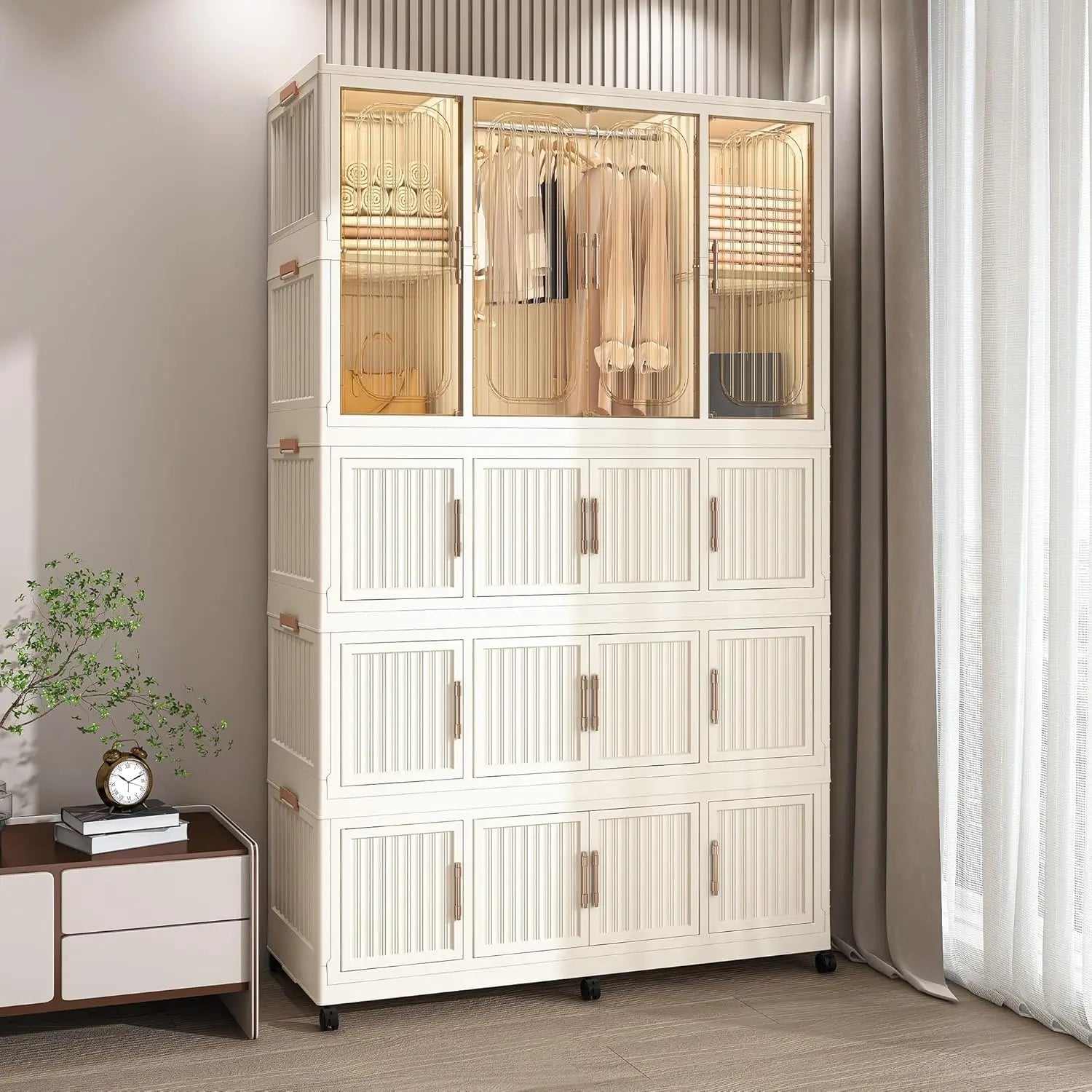 Portable Wardrobe Closet Storage Organizer 12 Magnetic Doors 12 Cubes 2 Hanging Rods 16 Hangers Baby Clothes Cabinet,Customized