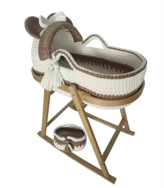 Newborn Baby Nest Lounger Cradle Crib with Wooden Frame Hand-Crocheted Bassinet Soft Mattress Portable Infant Sleeping Bed