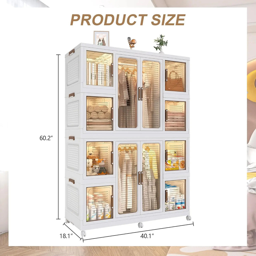 Portable Wardrobe Closet Storage Organizer 12 Magnetic Doors 12 Cubes 2 Hanging Rods 16 Hangers Baby Clothes Cabinet,Customized