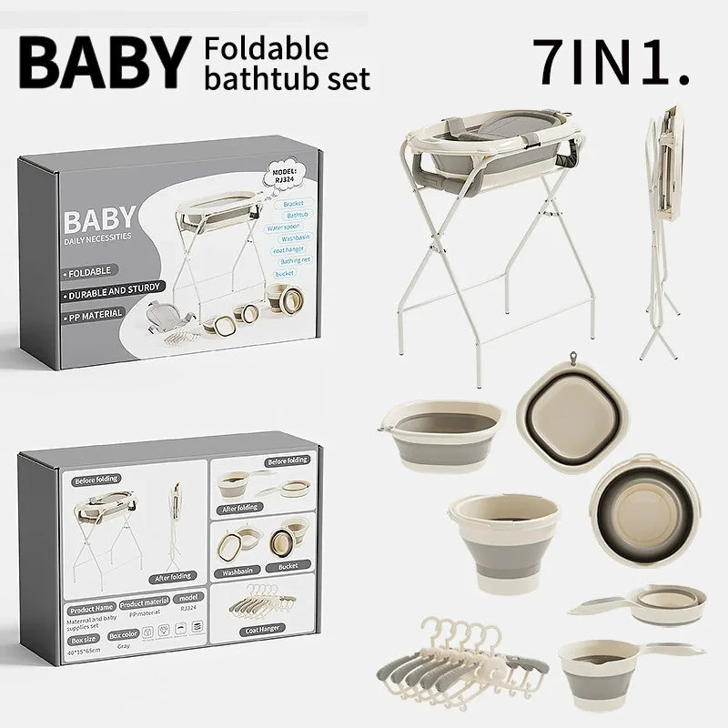 7-in-1 Baby Bath Tub Set with Temperature Display Folding Bathtub Non-Slip Stand Shower Table And Clothes Rack for Infants And