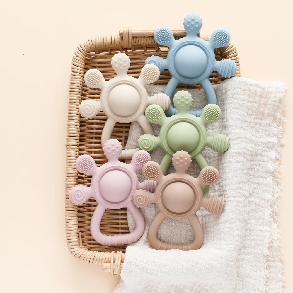 BPA Free Silicone Teether Food Grade Baby 0-12 Toys Teething Rattle Sensory Toys for Toddlers Silicone Hand Bell Soothing Toys