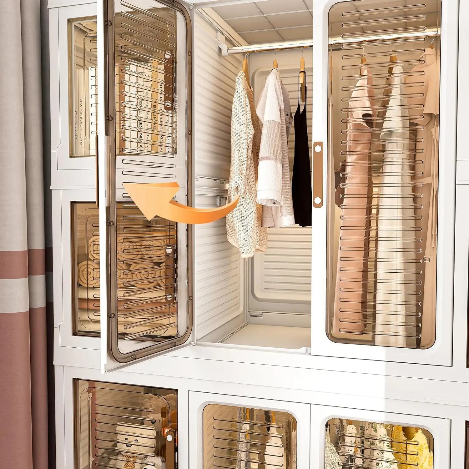 Portable Wardrobe Closet Storage Organizer 12 Magnetic Doors 12 Cubes 2 Hanging Rods 16 Hangers Baby Clothes Cabinet,Customized