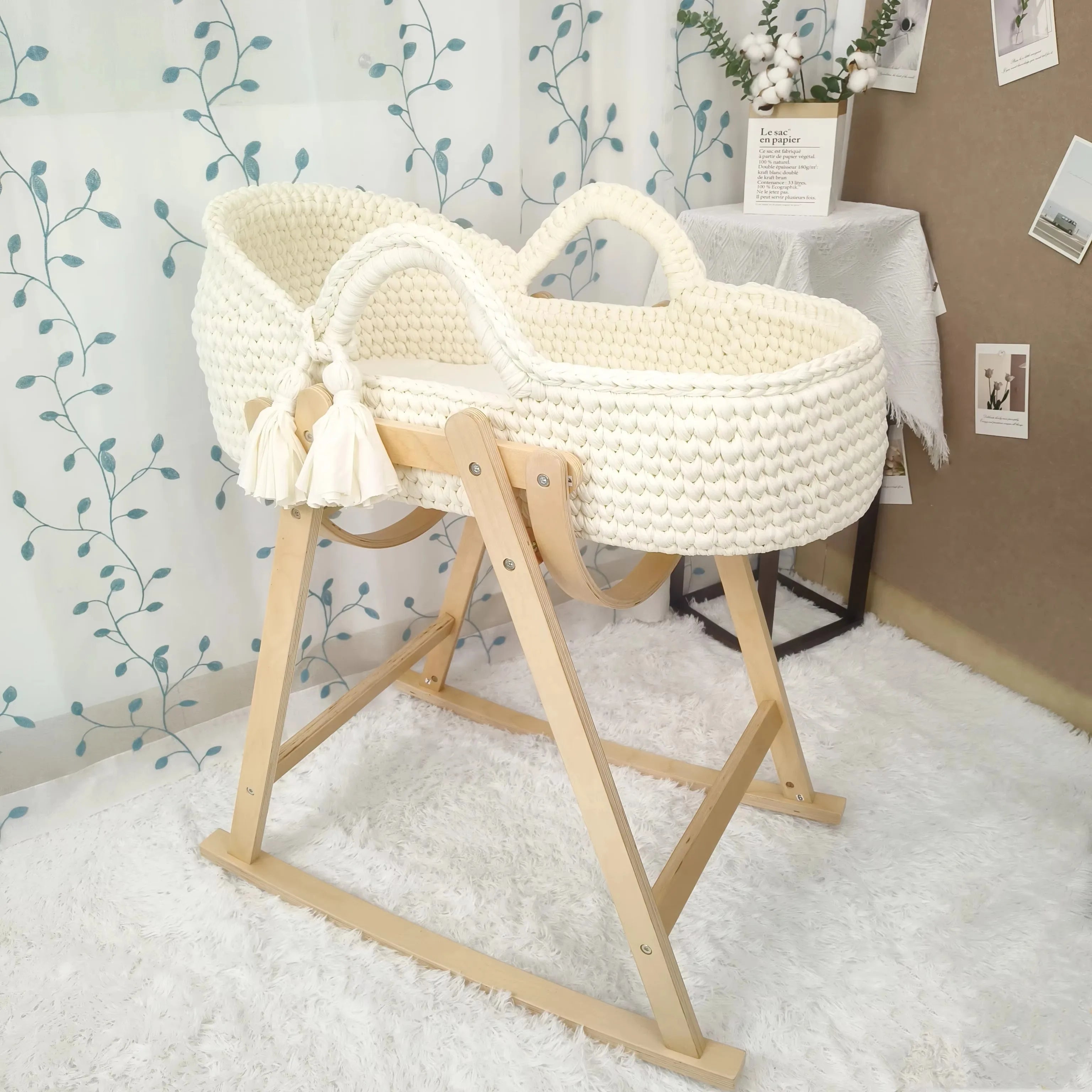 Newborn Baby Nest Lounger Cradle Crib with Wooden Frame Hand-Crocheted Bassinet Soft Mattress Portable Infant Sleeping Bed