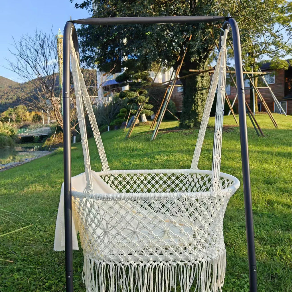 Nordic style hanging hammock baby cradle hand-woven products hollow mesh cotton rope baby fringed hammock manufacturer