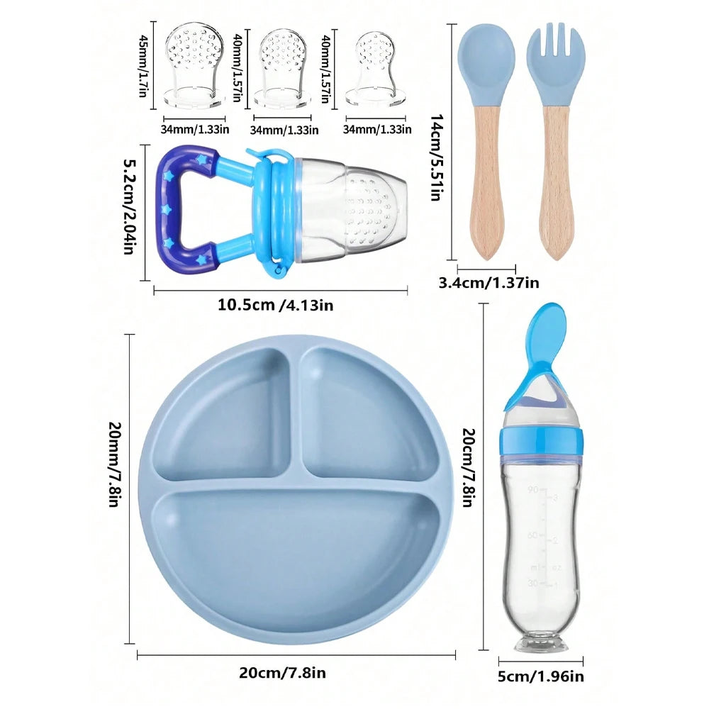 TYRY.HU Children's Tableware Set with Silicone Dining Plate Suction Wooden Handle Fork Spoon And Silicone Fruit Vegetable Bottle