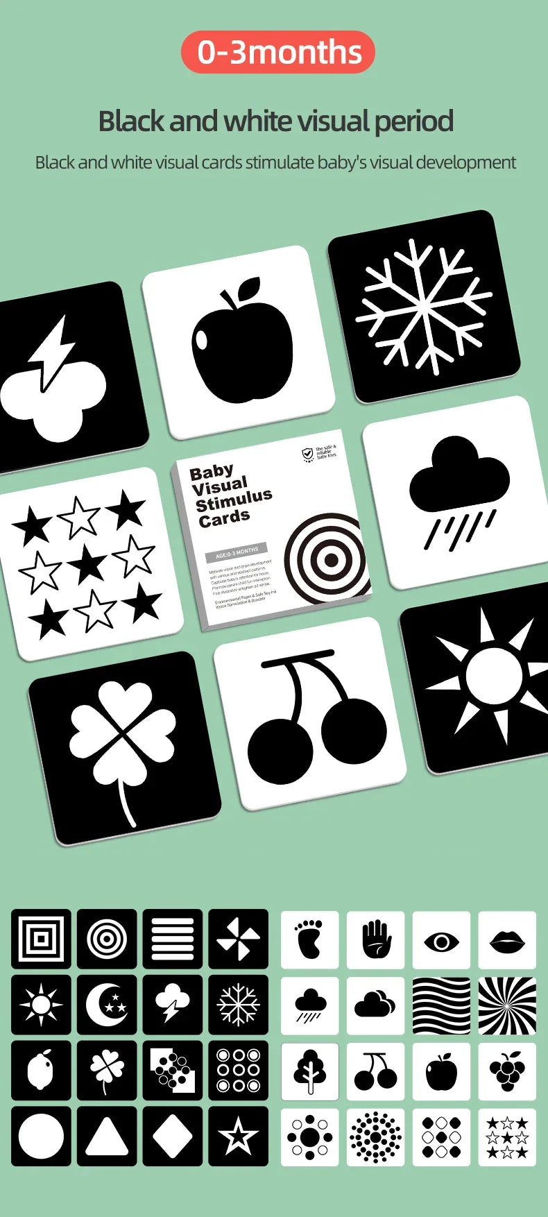 Black & White Baby Cards - High Contrast Visual Stimulation, Early Sensory Cognitive Toy for 0-36 months