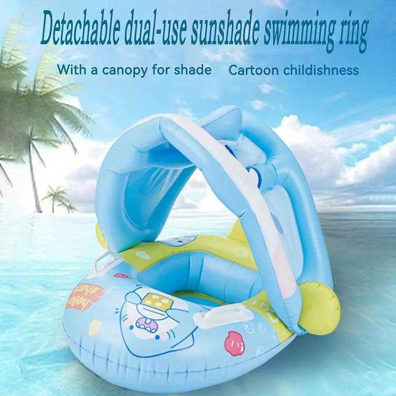 Cartoon Inflatable Toys Float Seat with Animal Printed Detachable Dual-purpose Shade Baby Water Toys Pool Bathroom Swimming Ring