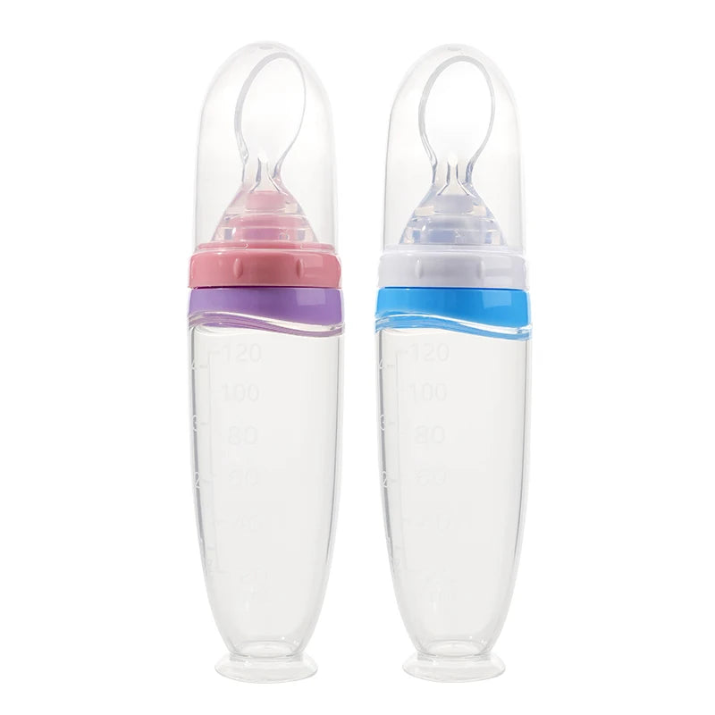 120 ml/4oz Infant Baby Liquid Silicone Food Squeeze Feeder | Fruit Puree & Rice Paste Dispenser | Detachable Spoon
