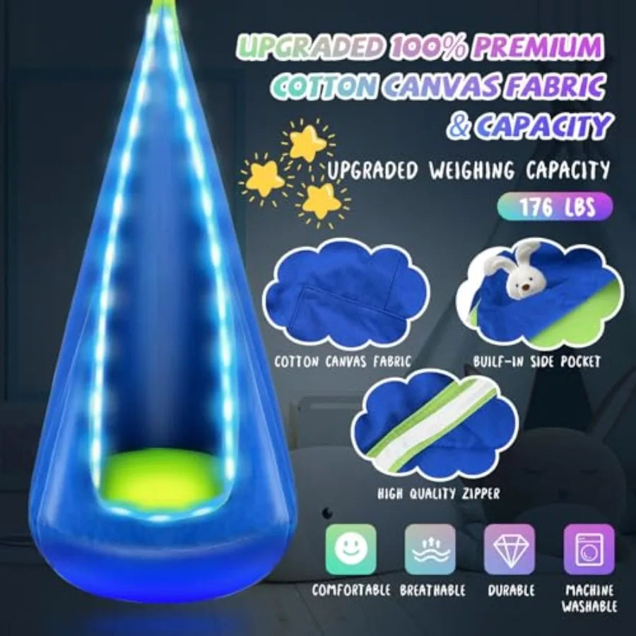 Light Up Pod Swing Seat Hanging Hammock Chair with LED Lights Upgraded Cotton Child Sensory Swing Seat Sensory Swing for Autist