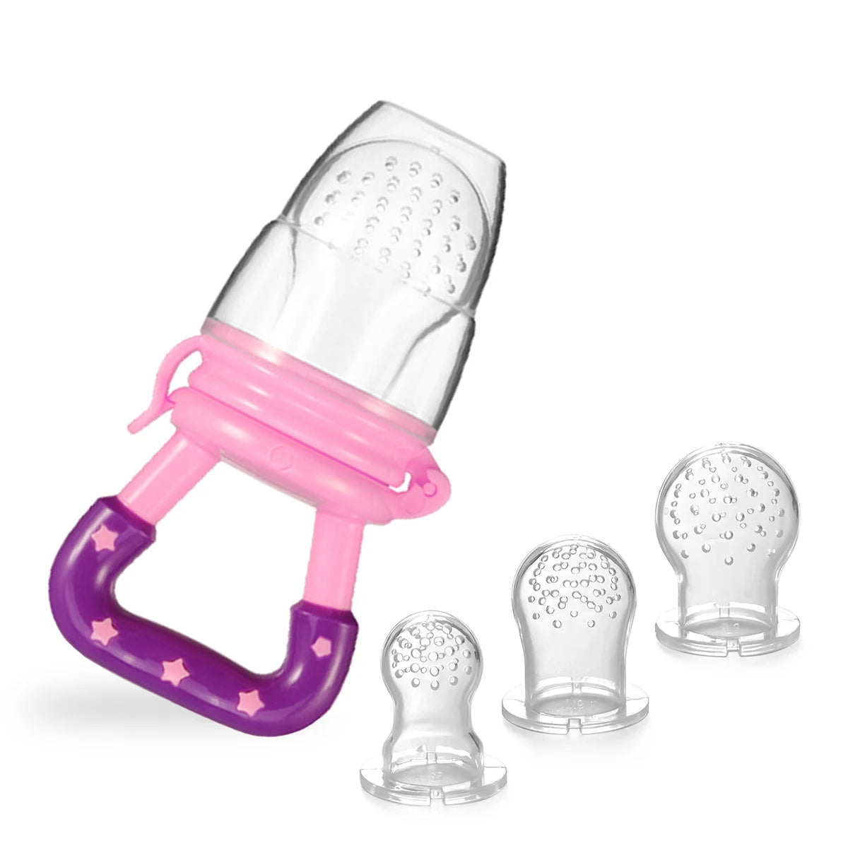 TYRY.HU 4Pcs Baby Toddler Fruit Vegetable with Handles Perfect Food Supplement Food Feeder with 3 Different Size Pacifier Tips