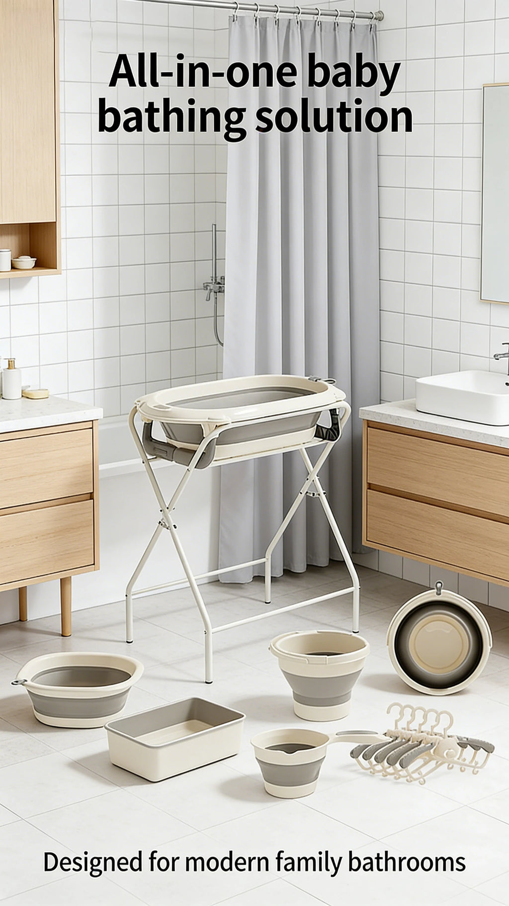 7-in-1 Baby Bath Tub Set with Temperature Display Folding Bathtub Non-Slip Stand Shower Table And Clothes Rack for Infants And