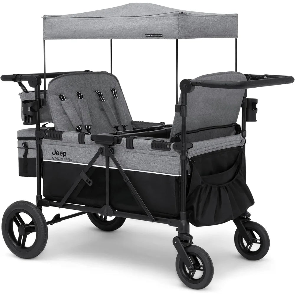 Furniture Accessories-Premium 4 Seater Stroller Wagon Convertible Seats Adjustable Push Pull Handles Removable Canopy Flat Fold