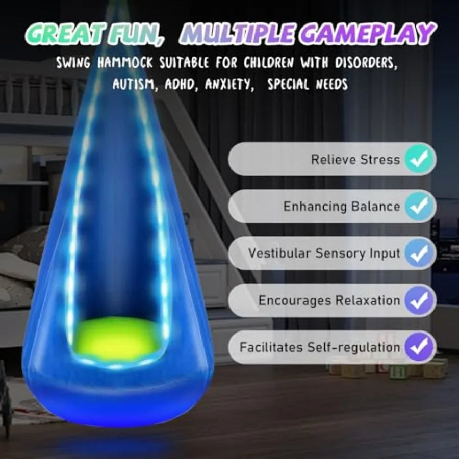 Light Up Pod Swing Seat Hanging Hammock Chair with LED Lights Upgraded Cotton Child Sensory Swing Seat Sensory Swing for Autist
