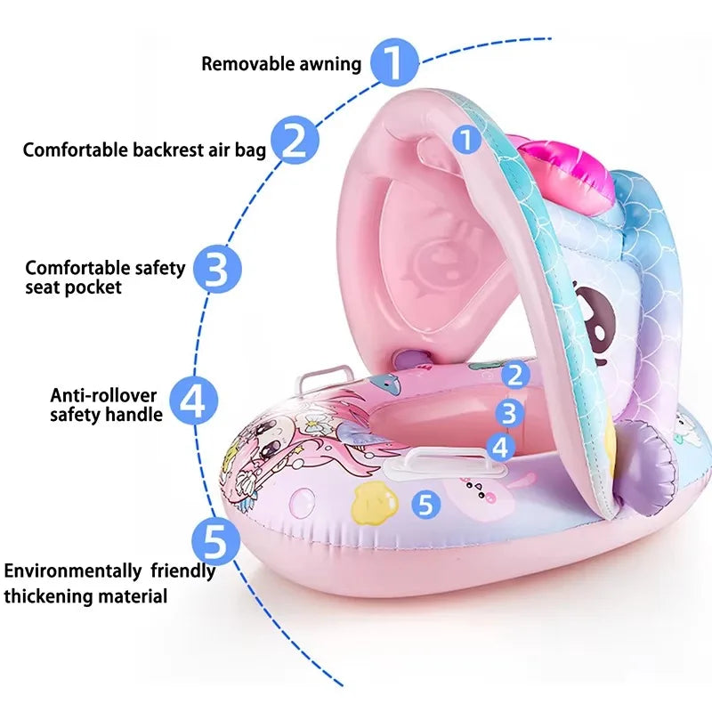 Cartoon Inflatable Toys Float Seat with Animal Printed Detachable Dual-purpose Shade Baby Water Toys Pool Bathroom Swimming Ring