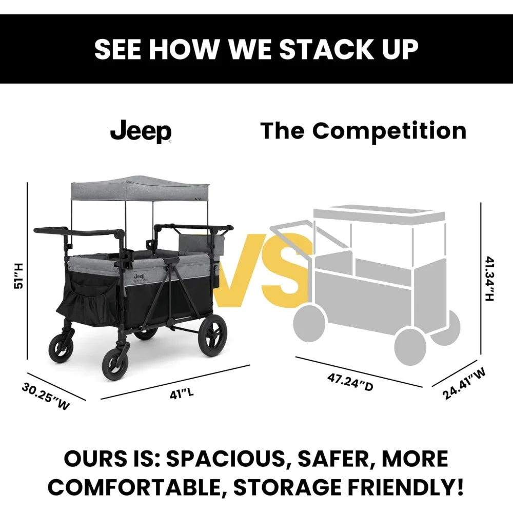 Furniture Accessories-Premium 4 Seater Stroller Wagon Convertible Seats Adjustable Push Pull Handles Removable Canopy Flat Fold